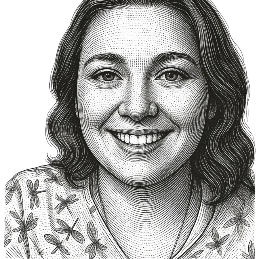 Pencil portrait of Emily Cullen, editor, smiling