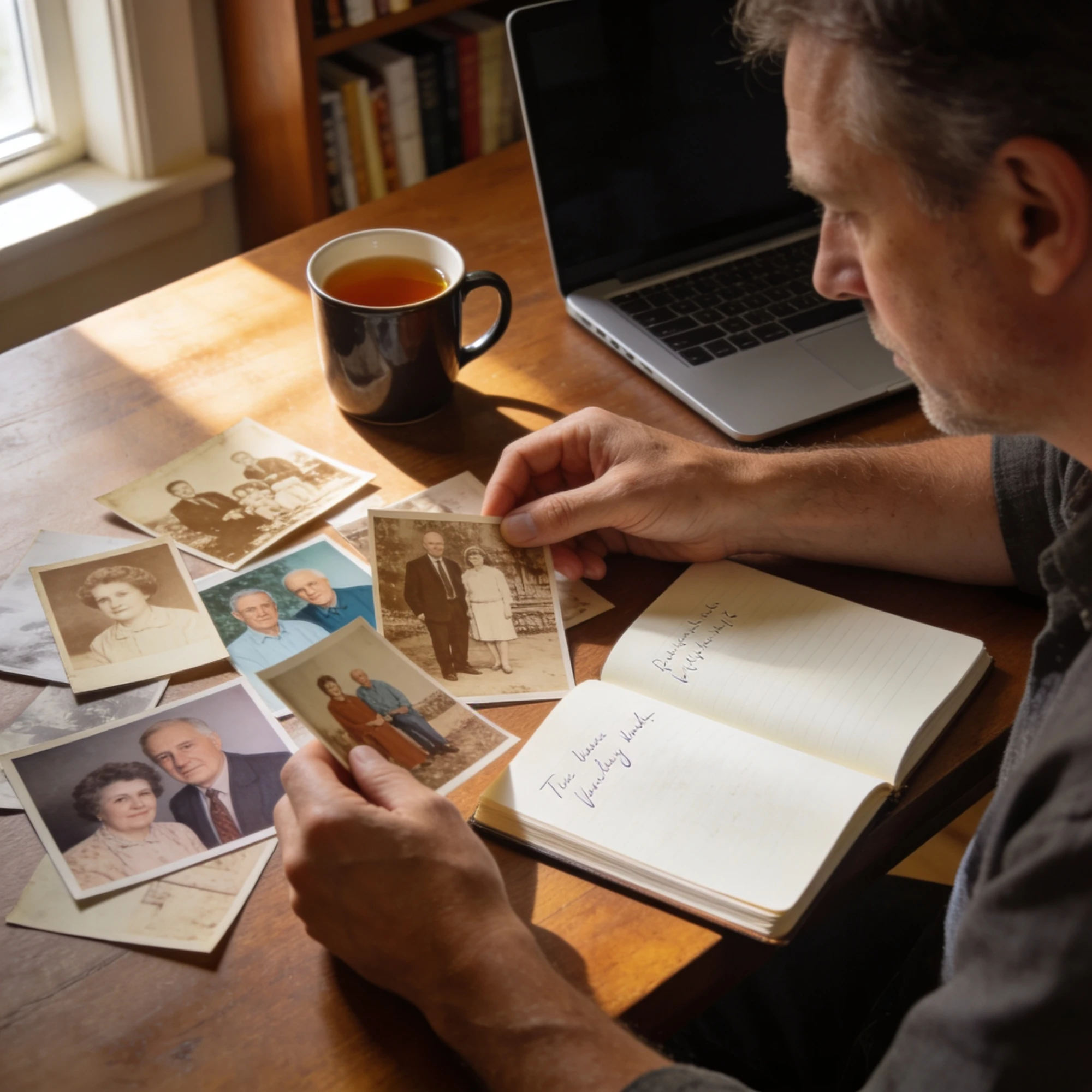 A man looking through old family photographs on a wooden table, with a notebook open beside him and a cup of tea, gathering memories to write